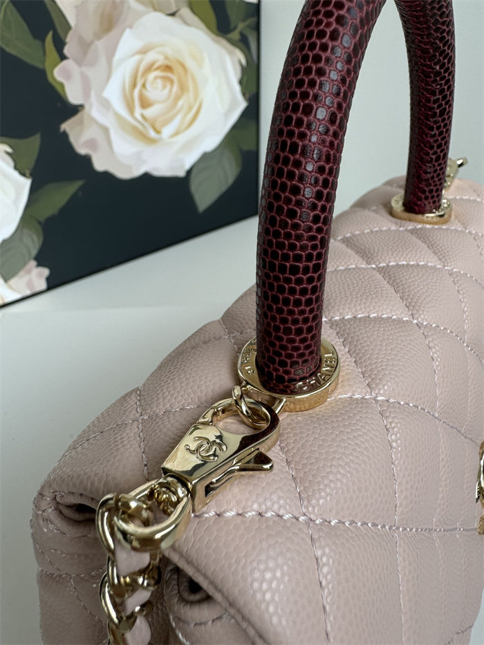 SMALL FLAP BAG WITH TOP HANDLE Grained Calfskin Pink Gold Metal High