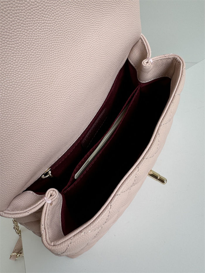 SMALL FLAP BAG WITH TOP HANDLE Grained Calfskin Pink Gold Metal High