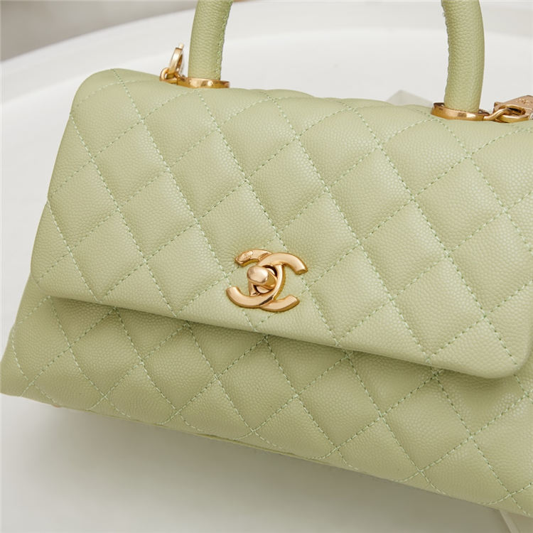 SMALL FLAP BAG WITH TOP HANDLE Grained Calfskin Green Gold Metal High