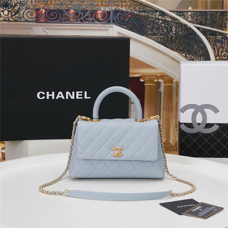 SMALL FLAP BAG WITH TOP HANDLE Grained Calfskin Light Blue Gold Metal High