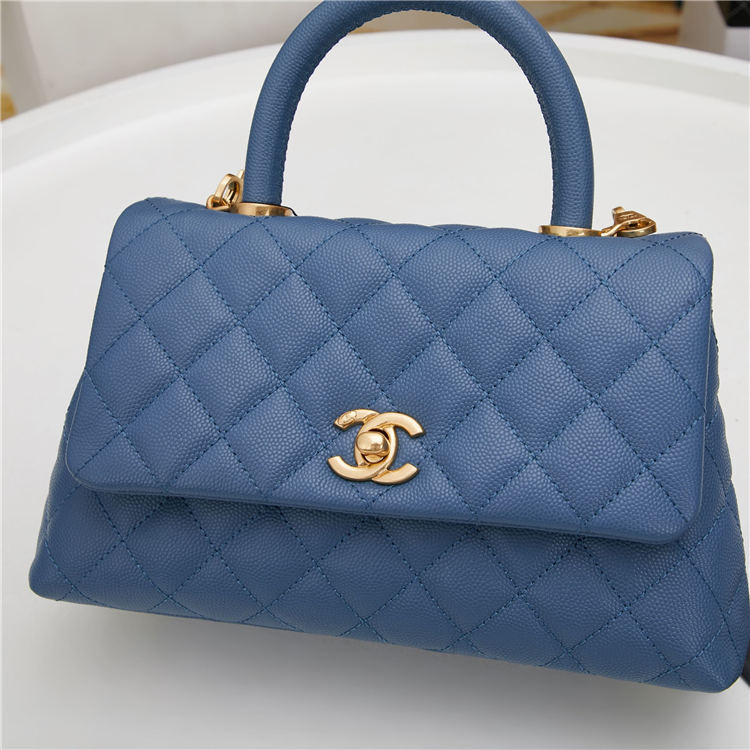 SMALL FLAP BAG WITH TOP HANDLE Grained Calfskin Blue Gold Metal High