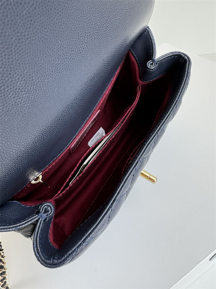 SMALL FLAP BAG WITH TOP HANDLE Grained Calfskin Navy Gold Metal High