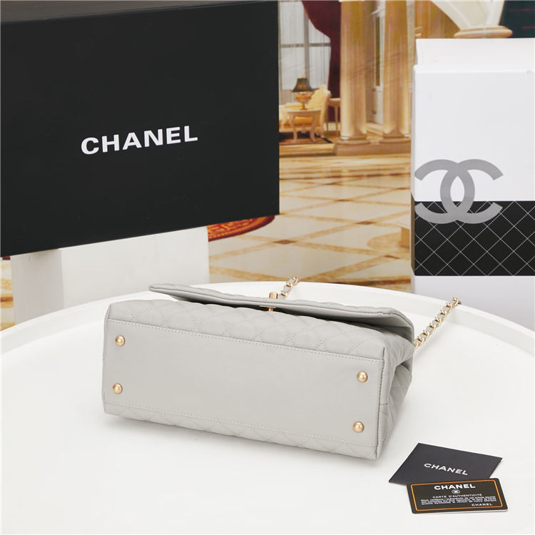 FLAP BAG WITH TOP HANDLE Grained Calfskin Grey Gold Metal High