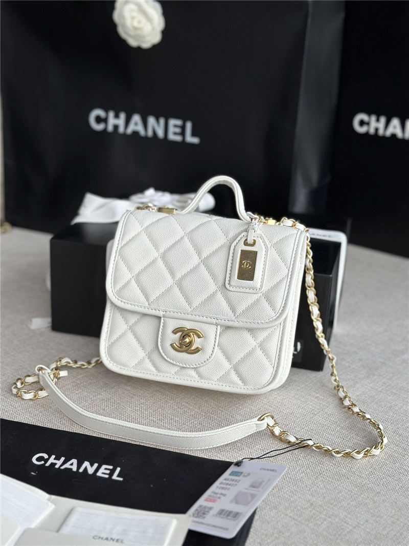 Chanel SMALL FLAP BAG WITH TOP HANDLE Grained Calfskin & Gold-Tone Metal AS3652 White A