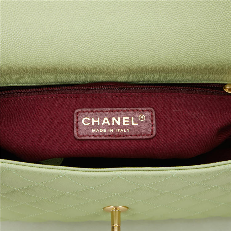 FLAP BAG WITH TOP HANDLE Grained Calfskin Green Gold Metal High