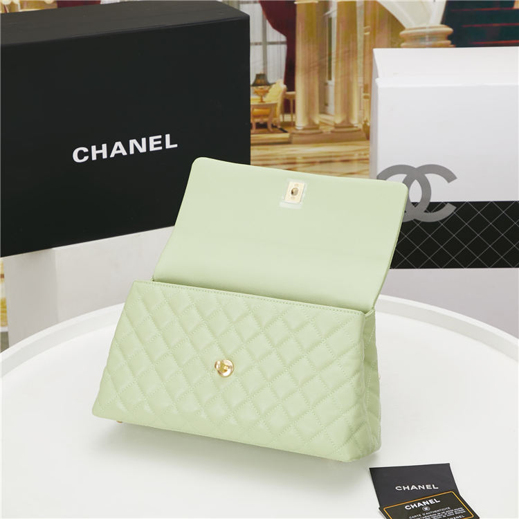 FLAP BAG WITH TOP HANDLE Grained Calfskin Green Gold Metal High