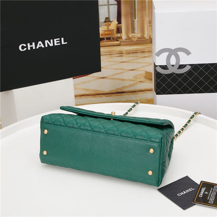 FLAP BAG WITH TOP HANDLE Grained Calfskin Green Gold Metal High