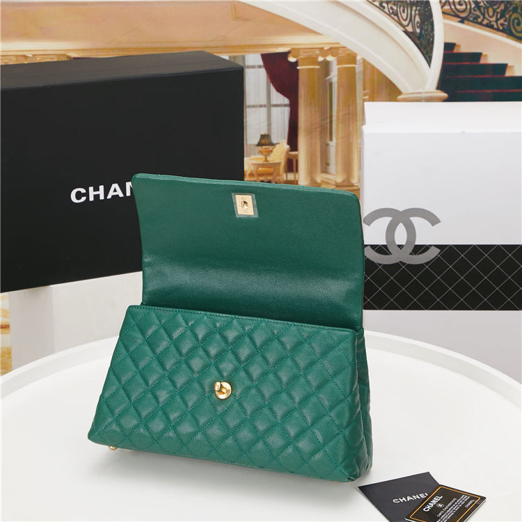 FLAP BAG WITH TOP HANDLE Grained Calfskin Green Gold Metal High