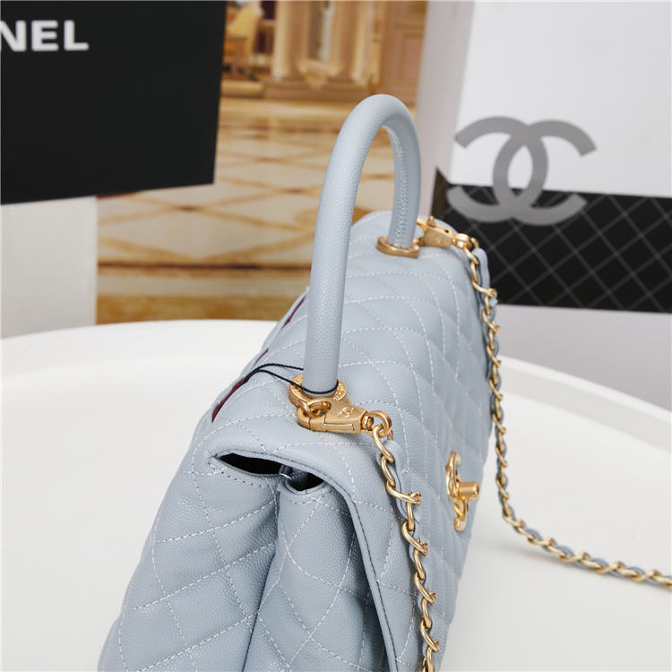 FLAP BAG WITH TOP HANDLE Grained Calfskin Light Blue Gold Metal High