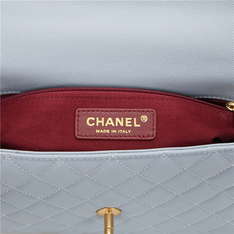 FLAP BAG WITH TOP HANDLE Grained Calfskin Light Blue Gold Metal High