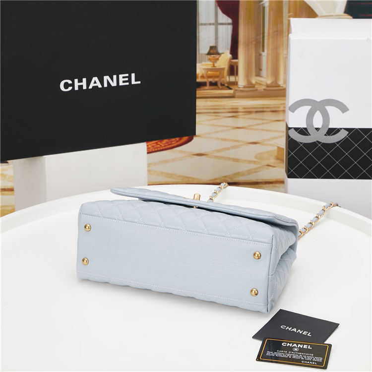 FLAP BAG WITH TOP HANDLE Grained Calfskin Light Blue Gold Metal High