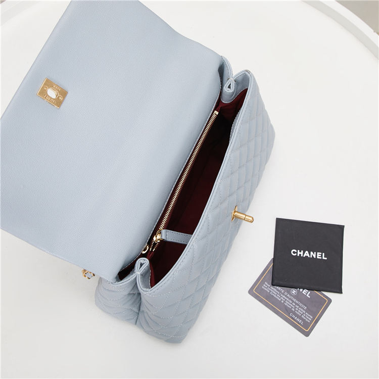 FLAP BAG WITH TOP HANDLE Grained Calfskin Light Blue Gold Metal High