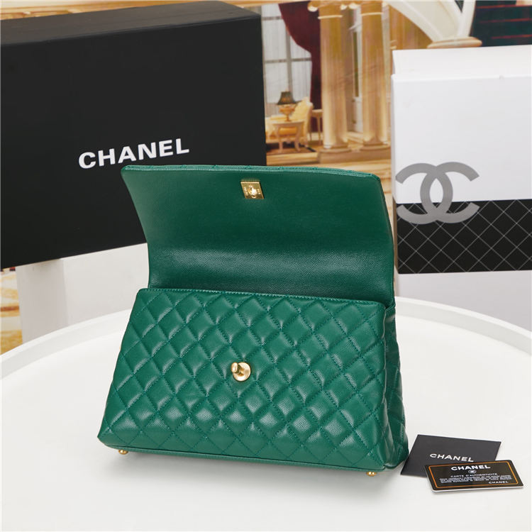 FLAP BAG WITH TOP HANDLE Grained Calfskin Green Gold Metal High