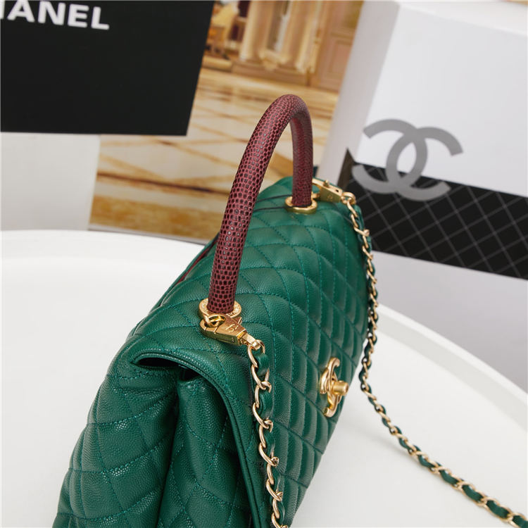 FLAP BAG WITH TOP HANDLE Grained Calfskin Green Gold Metal High