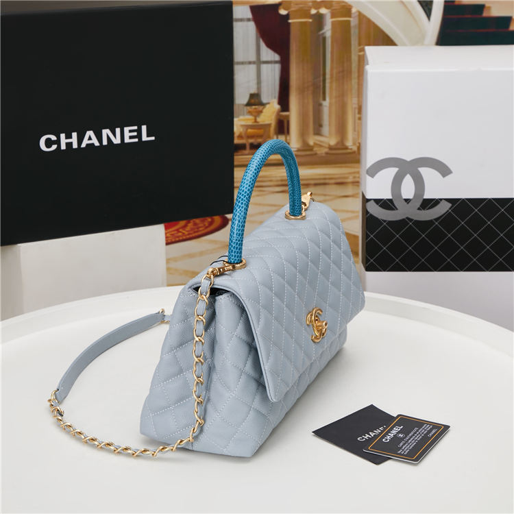 FLAP BAG WITH TOP HANDLE Grained Calfskin Light Blue Gold Metal High