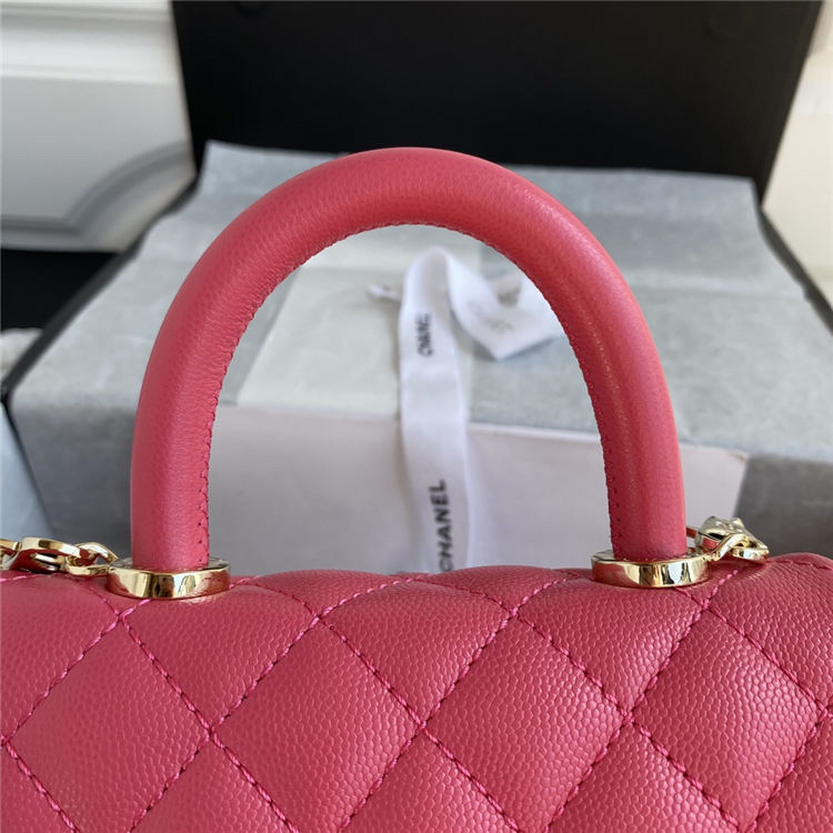 Mini FLAP BAG WITH TOP HANDLE Grained Calfskin Gold Metal Pink A