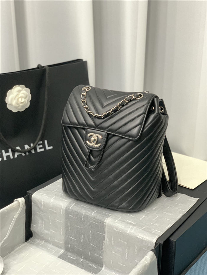 Chanel Small Backpack Chevrons Pattern Lambskin 91120 Silver-Metal Black High