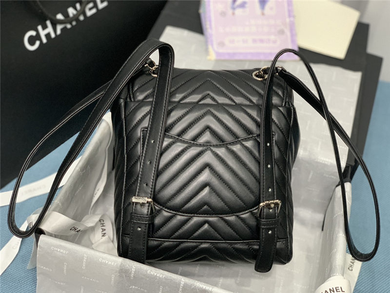 Chanel Small Backpack Chevrons Pattern Lambskin 91120 Silver-Metal Black High