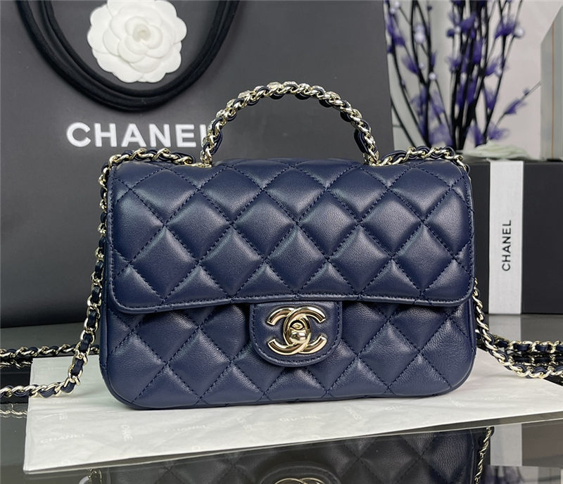 Chanel MINI FLAP BAG With Top Diamond Handle Lambskin & Gold-Tone Metal AS4140 Navy High