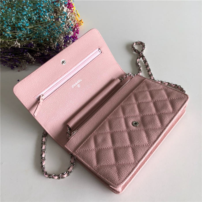 Classic Wallet on Chain A33814 Grained Calfskin Pink Silver Metal B