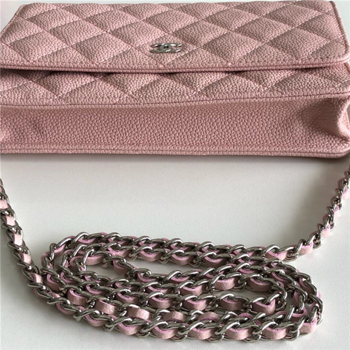 Classic Wallet on Chain A33814 Grained Calfskin Pink Silver Metal B