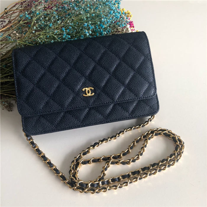 Classic Wallet on Chain A33814 Grained Calfskin Navy Gold Metal B