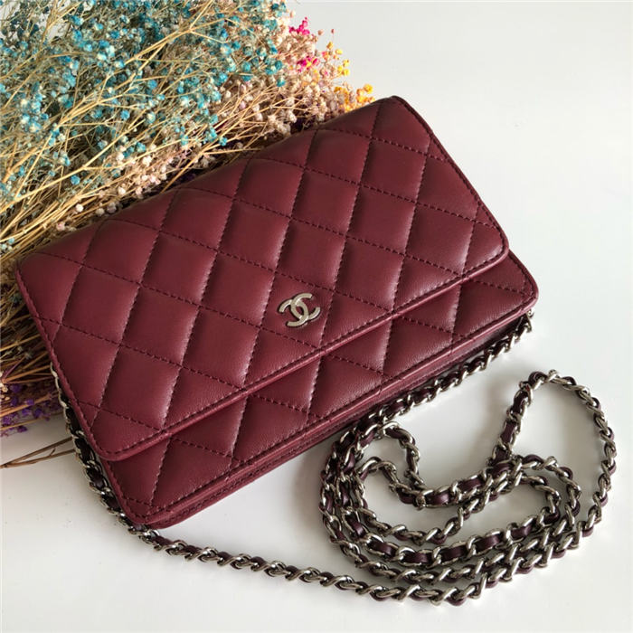 Classic Wallet on Chain A33814 Lambskin Burgundy Silver Metal B