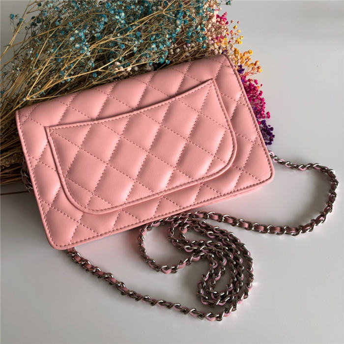 Classic Wallet on Chain A33814 Lambskin Pink Silver Metal B