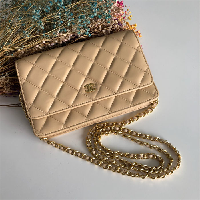 Classic Wallet on Chain A33814 Lambskin Beige Gold Metal B