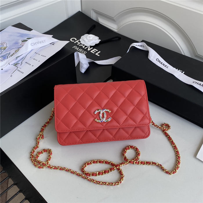 Chanel Wallet on Chain Lambskin, Zirconium & Gold-Tone Metal Red A