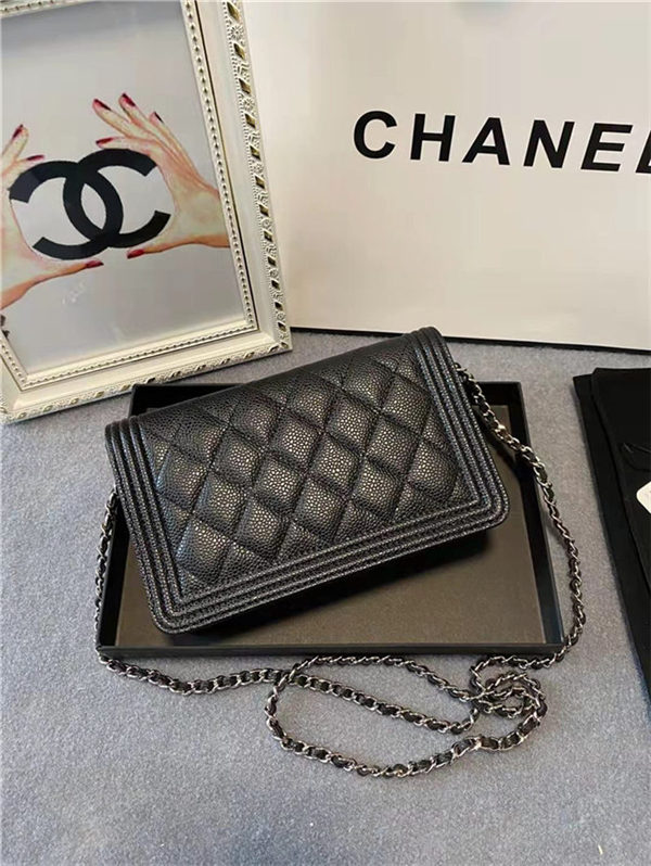 BOY Chanel WALLET ON CHAIN Grained Calfskin & Silver-Tone Metal Black High