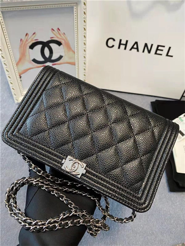 BOY Chanel WALLET ON CHAIN Grained Calfskin & Silver-Tone Metal Black High