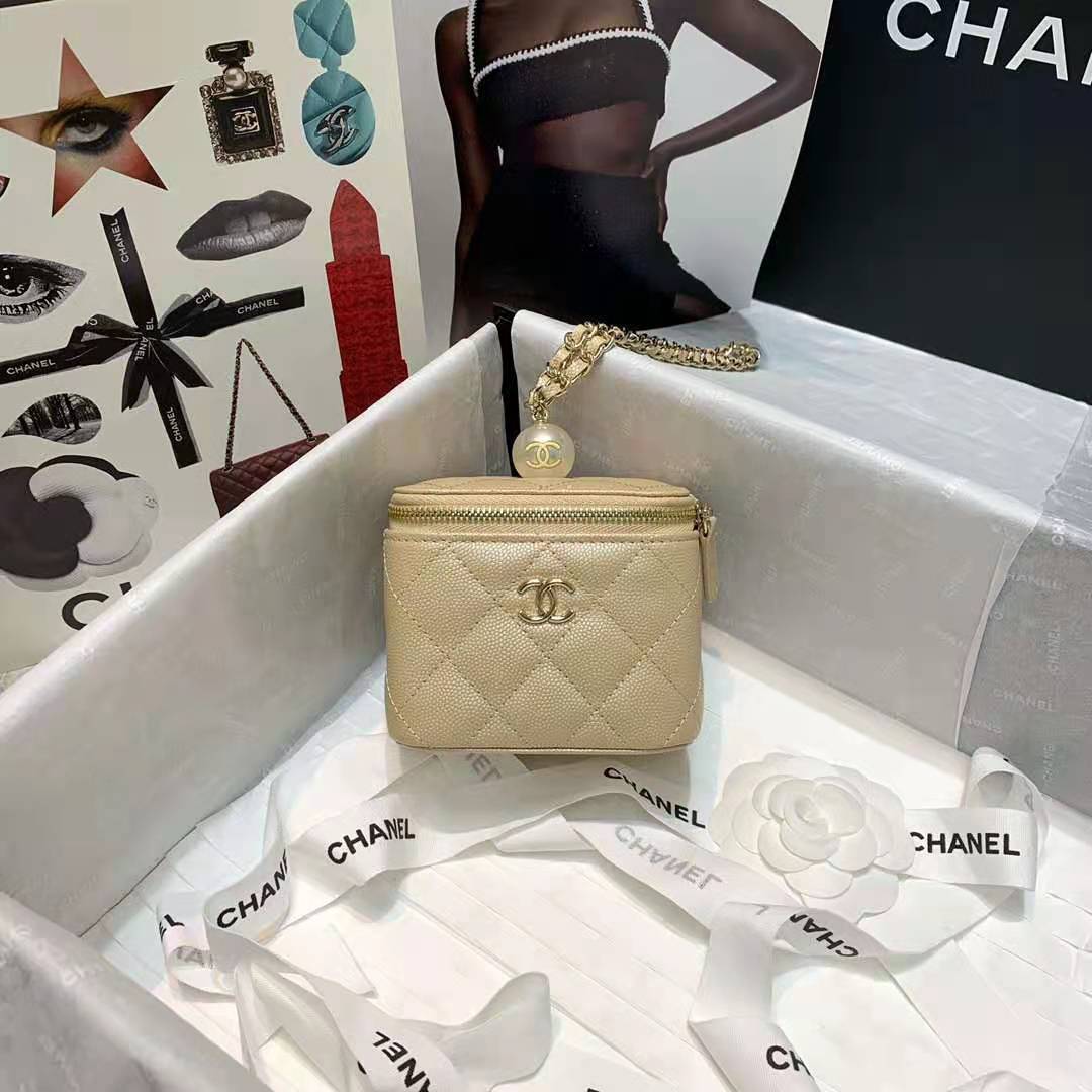 Chanel Small Vanity with Chain Grained Calfskin & Gold-Tone Metal Beige High