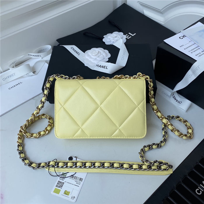 Chanel 19 WALLET ON CHAIN Shiny Lambskin Gold/Silver-Tone & Ruthenium-Finish Metal Neon Yellow A