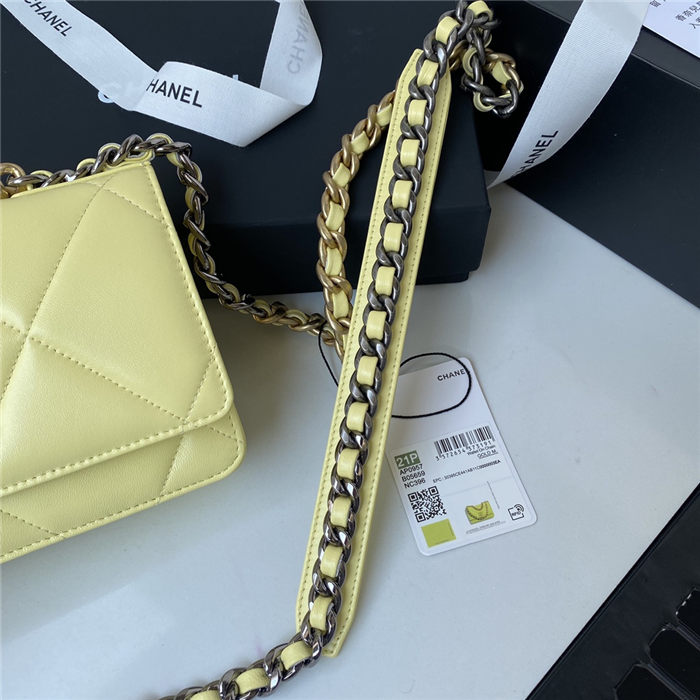 Chanel 19 WALLET ON CHAIN Shiny Lambskin Gold/Silver-Tone & Ruthenium-Finish Metal Neon Yellow A