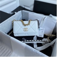 Chanel 19 WALLET ON CHAIN Shiny Lambskin Gold/Silver-Tone & Ruthenium-Finish Metal White A