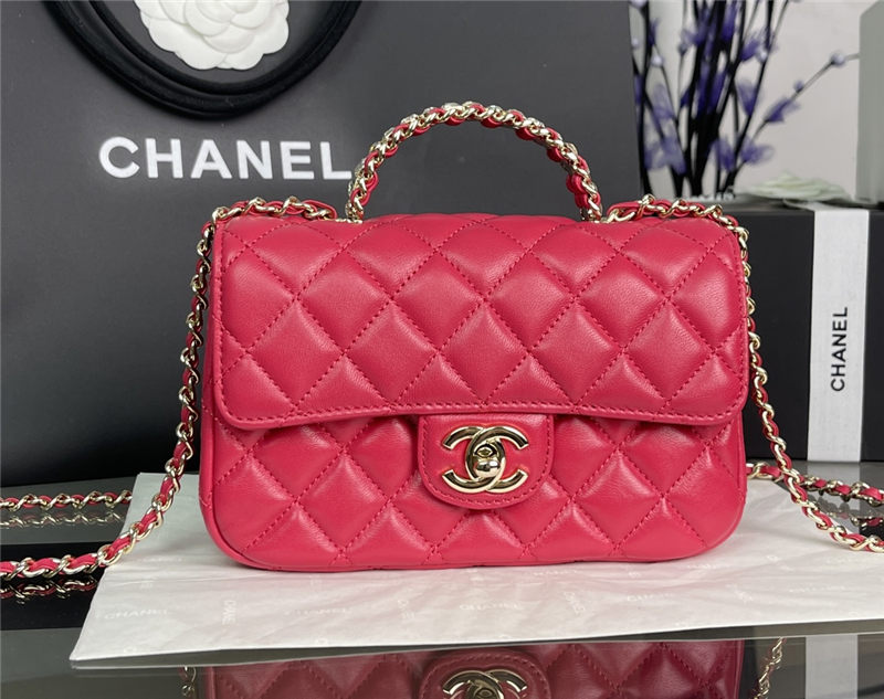 Chanel MINI FLAP BAG With Top Diamond Handle Lambskin & Gold-Tone Metal AS4140 Fuchsia High