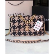 Large Chanel 19 Flap Bag Tweed Gold-Tone Houndstooth Black-Beige High