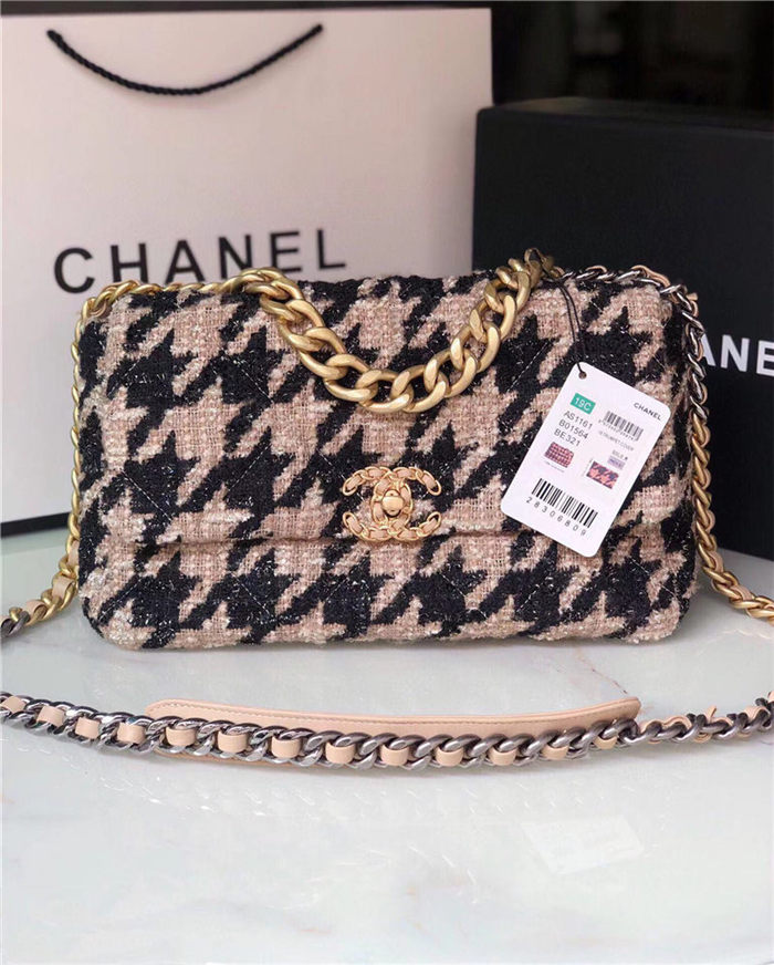 Large Chanel 19 Flap Bag Tweed Gold-Tone Houndstooth Black-Beige High