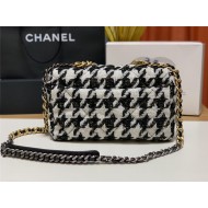 Large Chanel 19 Flap Bag Tweed Gold-Tone Houndstooth Black-White High