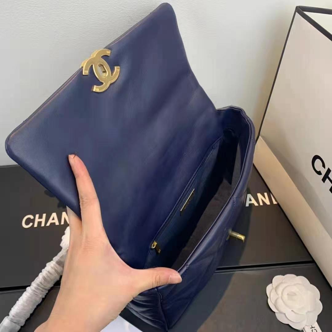 Large Chanel 19 Flap Bag Goatskin/Lambskin Navy High