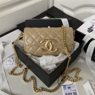 Chanel FLAP PHONE HOLDER WITH CHAIN Shiny Lambskin & Gold-Tone Metal AP3207 Beige A