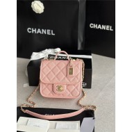 Chanel SMALL FLAP BAG WITH TOP HANDLE Grained Calfskin & Gold-Tone Metal AS3652 Pink A