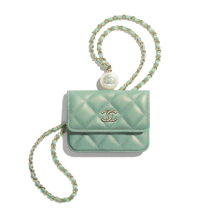 Chanel Flap Coin Purse with Chain Iridescent Grained Calfskin, Imitation Pearls & Gold-Tone Metal Green High