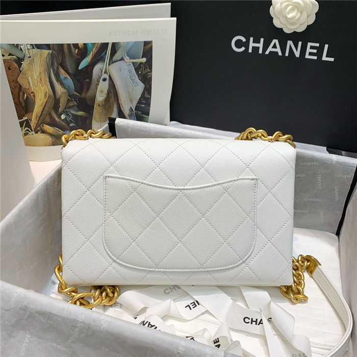 Chanel FLAP BAG Grained Calfskin & Gold-Tone Metal AS2764 White High