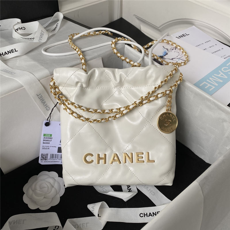 Chanel 22 MINI HANDBAG Shiny Calfskin White & Gold-Tone Metal AS3980 High