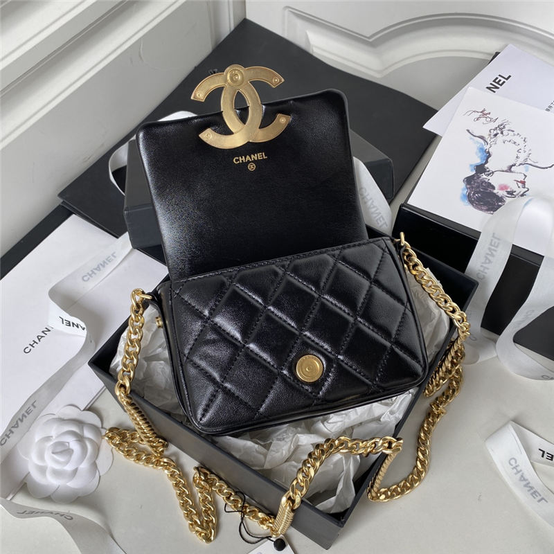 Chanel CLUTCH WITH CHAIN Shiny Lambskin & Gold-Tone Metal AP3854 Black A