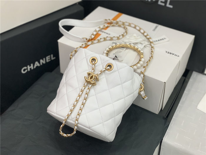 Chanel BUCKET BAG Lambskin Imitation Pearls & Gold-Tone Metal AS2608 White High