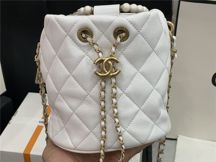 Chanel BUCKET BAG Lambskin Imitation Pearls & Gold-Tone Metal AS2608 White High