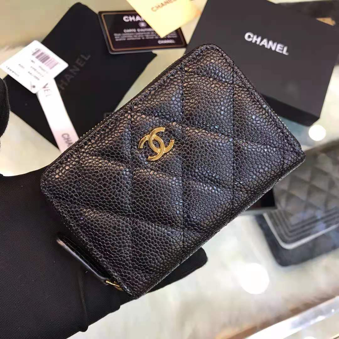 Chanel Zipped Wallet Gold-Tone Metal Black High